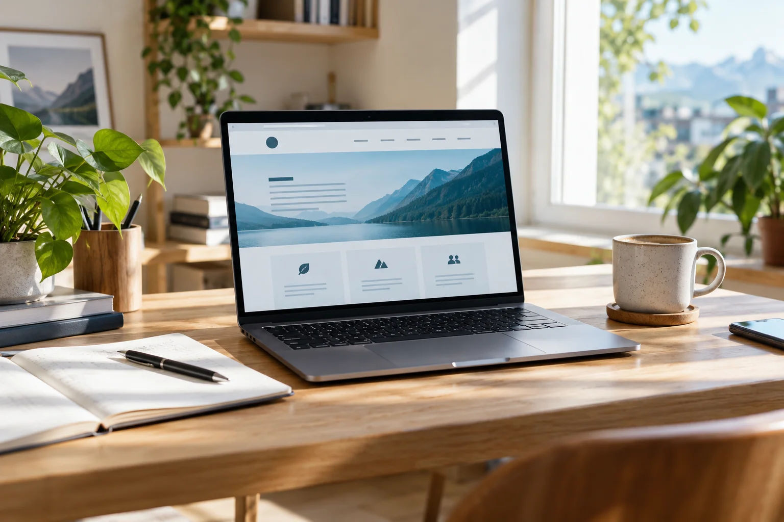 Heller Arbeitsplatz mit Laptop und Notizbuch – Symbolbild für Webdesign
